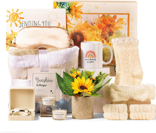 Sunshine Care Package: Thoughtful Get Well Soon Gift Basket for Women with Sunflower-Themed Items, Inspirational Blanket, and Candle for Mom, Sister, or Loved Ones