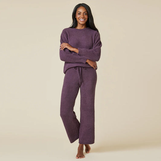 Solid Marshmallow Reverse Seam Crew Neck Lounge Set with Bracelet Sleeve