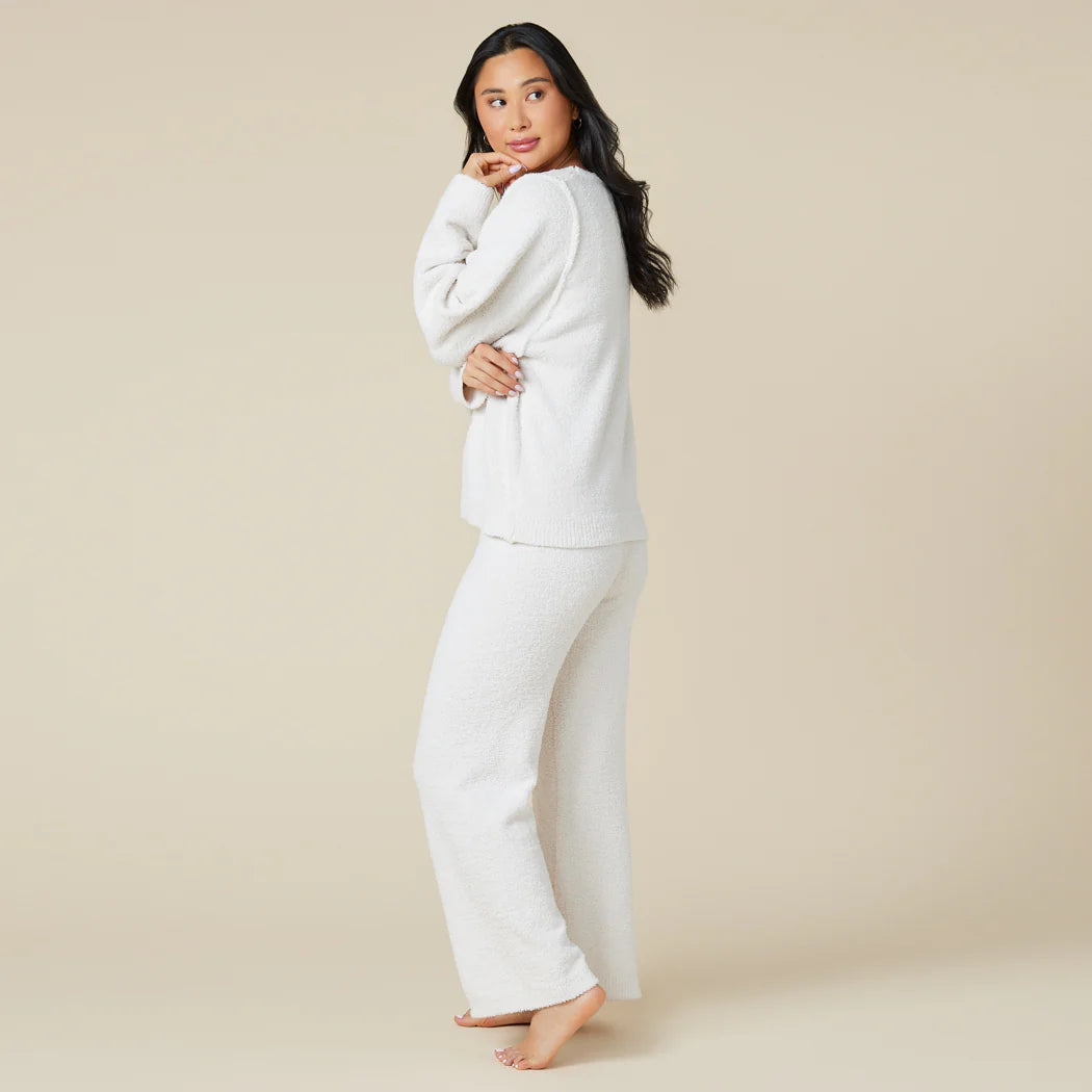Solid Marshmallow Reverse Seam Crew Neck Lounge Set with Bracelet Sleeve