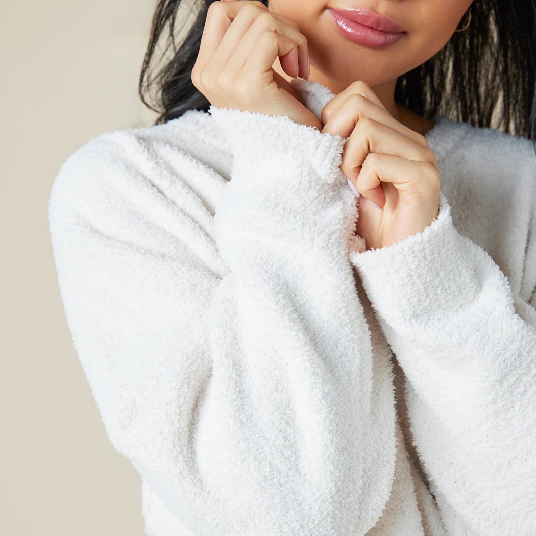 Solid Marshmallow Reverse Seam Crew Neck Lounge Set with Bracelet Sleeve