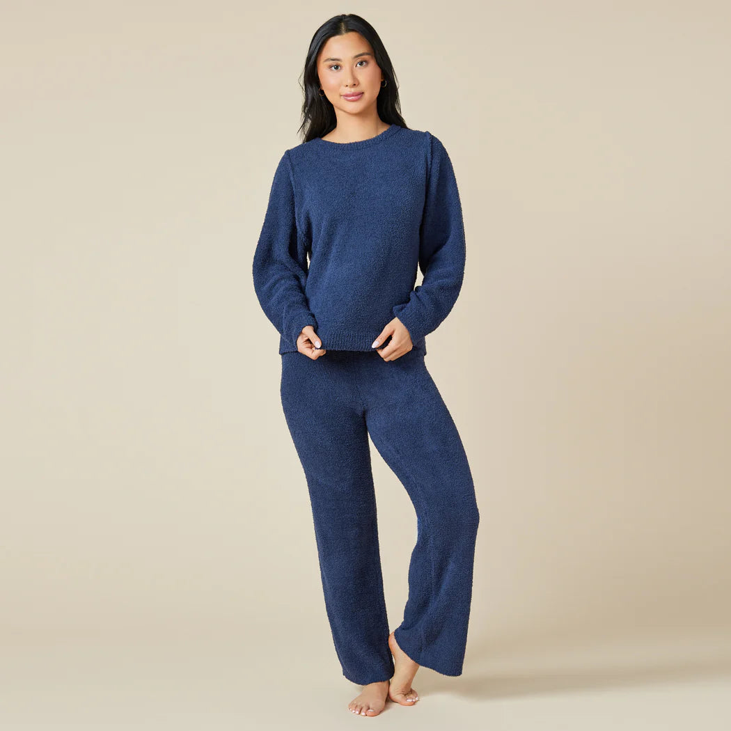 Solid Marshmallow Reverse Seam Crew Neck Lounge Set with Bracelet Sleeve