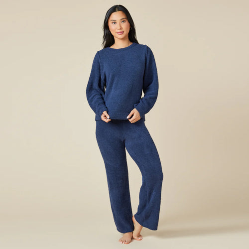 Solid Marshmallow Reverse Seam Crew Neck Lounge Set with Bracelet Sleeve